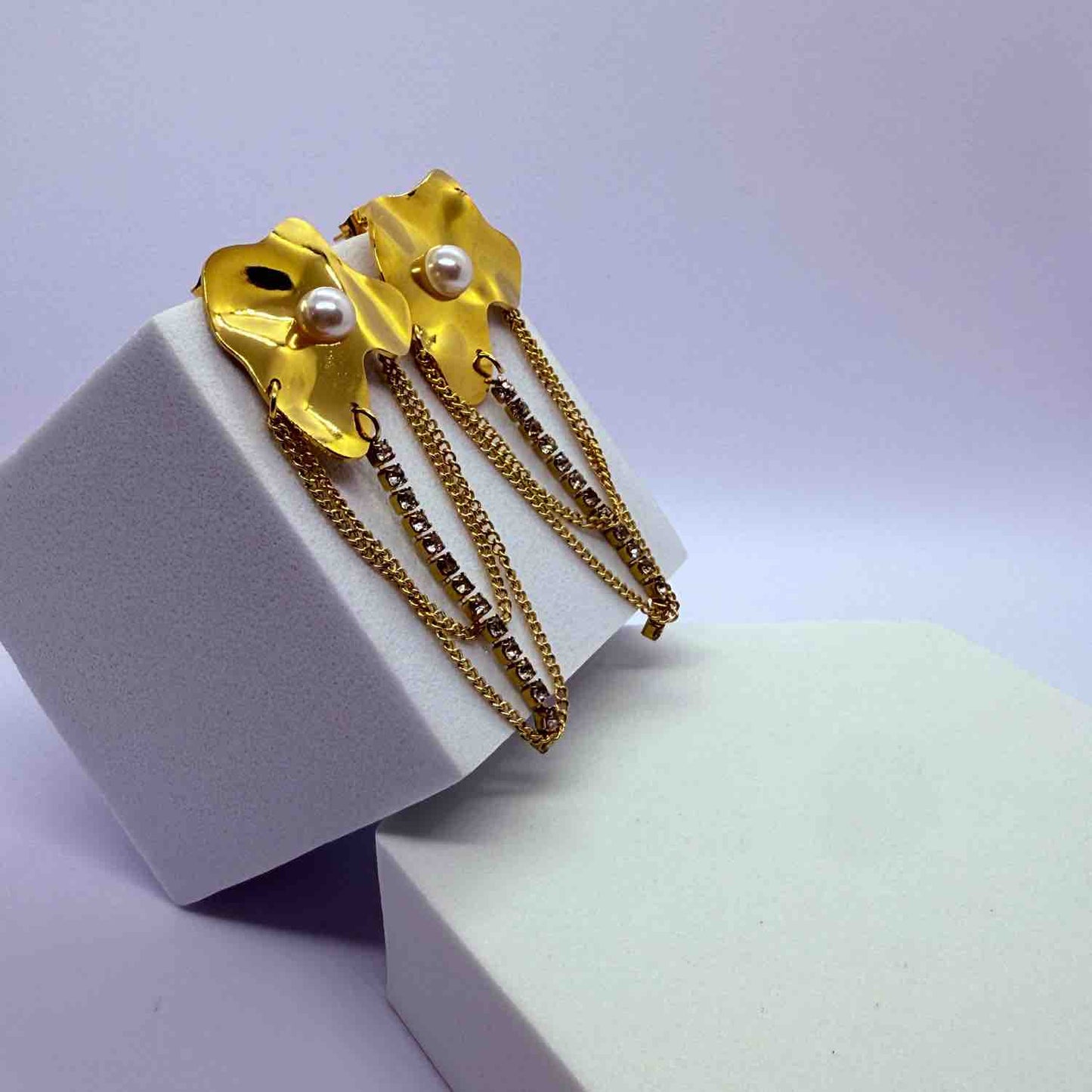 Gold Plated Abstract Pearl & Crystal Chain Drop Earrings – Elegant Anti-Tarnish Statement