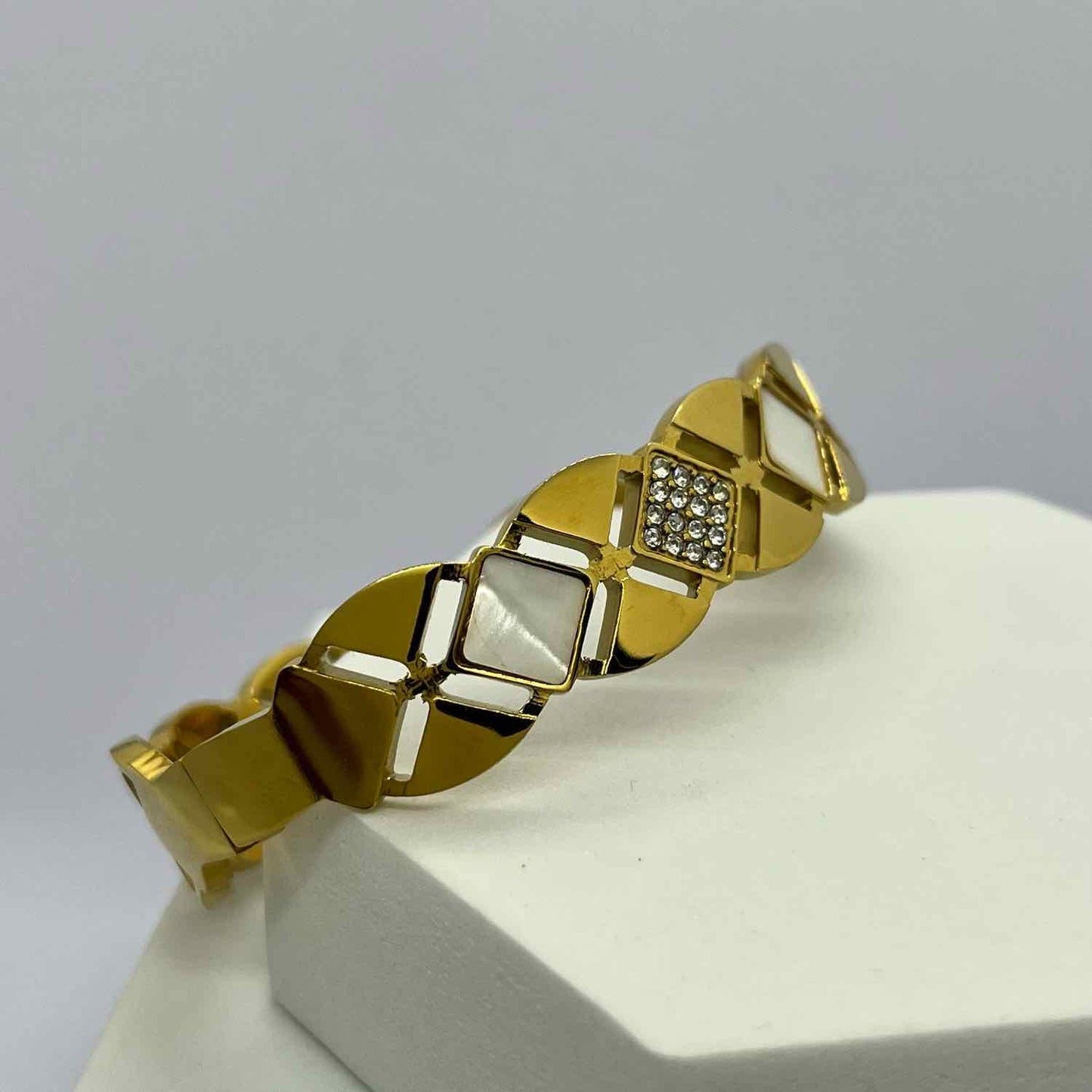 Gold-Plated Kada with Embedded White Stones and Crystals