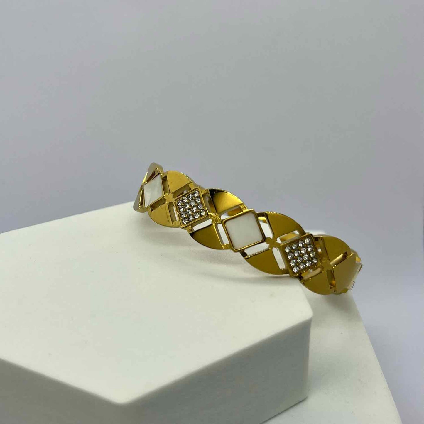 Gold-Plated Kada with Embedded White Stones and Crystals