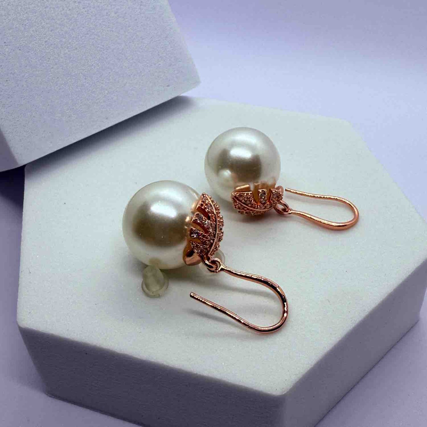 18 K Rose Gold Plated Anti Tarnish Studded Pearl Drop Dangle Earring