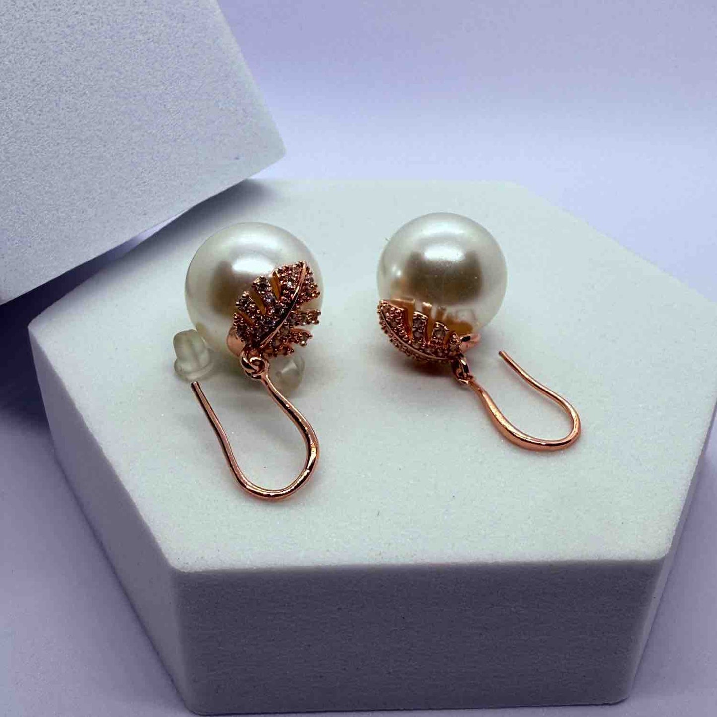 18 K Rose Gold Plated Anti Tarnish Studded Pearl Drop Dangle Earring
