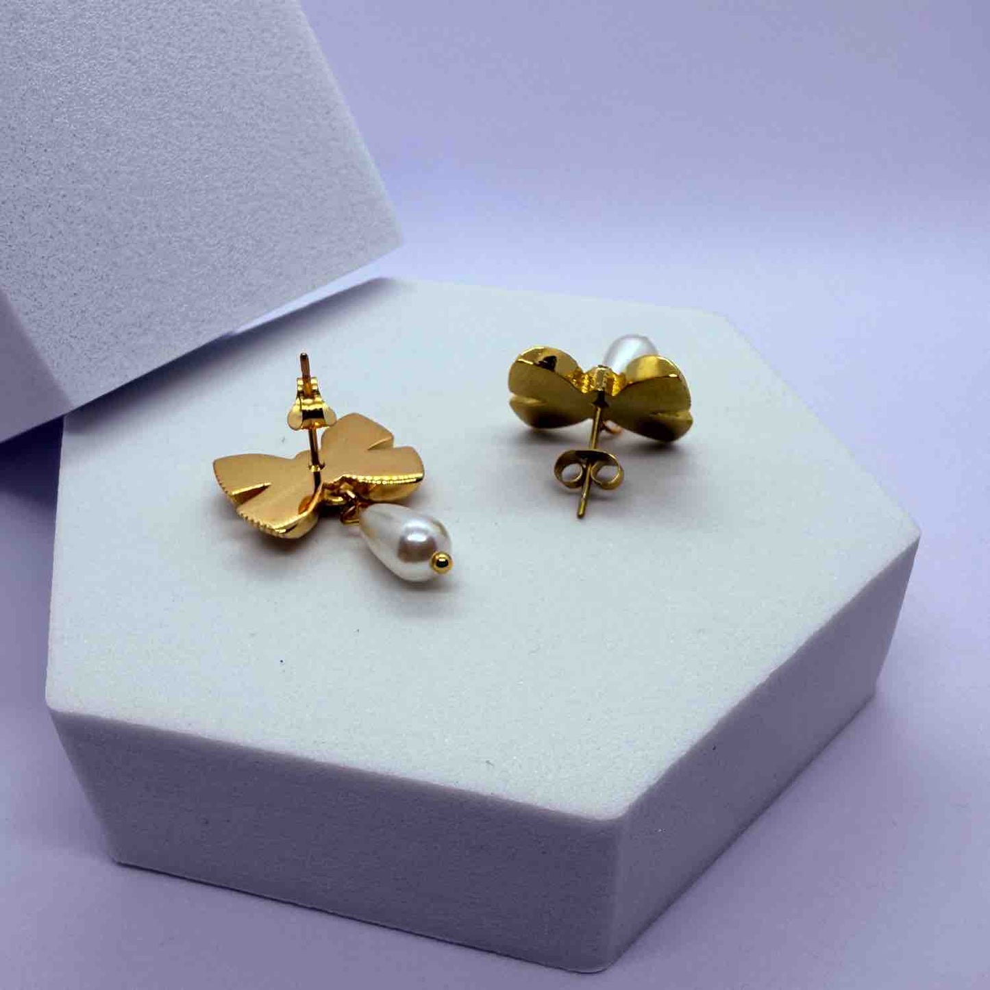 Korean Style Gold Plated Ribbon Stud Earrings for Women & Girls | Anti Tarnish Stainless Steel with Pearl Drop | Stylish Lightweight Design