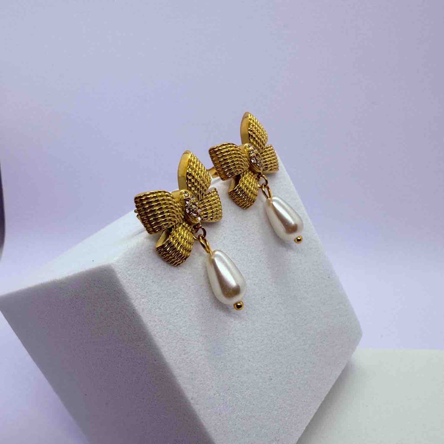 Korean Style Gold Plated Ribbon Stud Earrings for Women & Girls | Anti Tarnish Stainless Steel with Pearl Drop | Stylish Lightweight Design