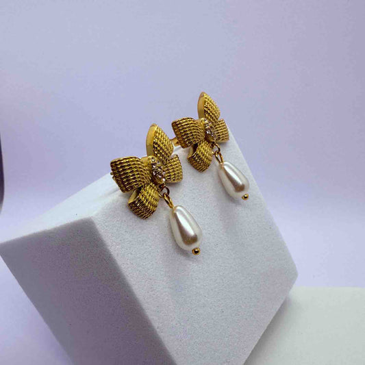 Korean Style Gold Plated Ribbon Stud Earrings for Women & Girls | Anti Tarnish Stainless Steel with Pearl Drop | Stylish Lightweight Design