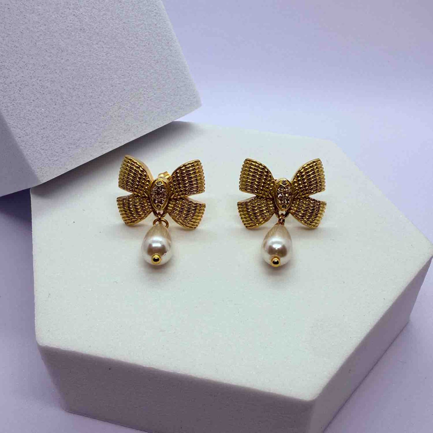 Korean Style Gold Plated Ribbon Stud Earrings for Women & Girls | Anti Tarnish Stainless Steel with Pearl Drop | Stylish Lightweight Design