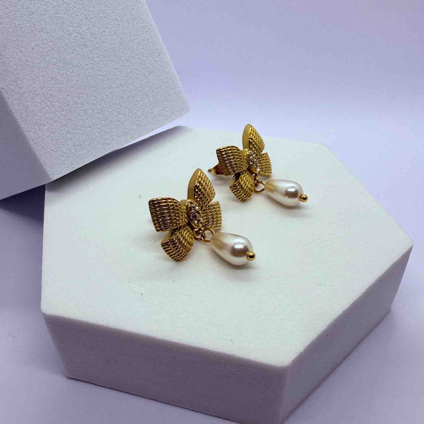 Korean Style Gold Plated Ribbon Stud Earrings for Women & Girls | Anti Tarnish Stainless Steel with Pearl Drop | Stylish Lightweight Design