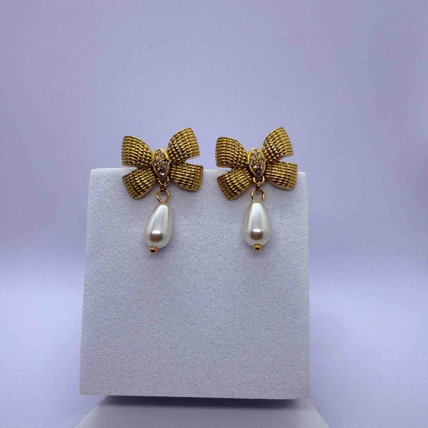 Korean Style Gold Plated Ribbon Stud Earrings for Women & Girls | Anti Tarnish Stainless Steel with Pearl Drop | Stylish Lightweight Design
