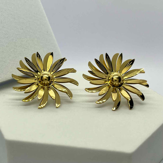 Gold Plated Flower Geometric Earrings Elegant Retro Earrings Sun Flower Stud Earring