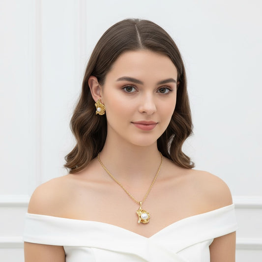 Stainless Steel Crinkled Lava Pearl Flower Pendant Necklace Earrings Ring Trendy Jewelry Set